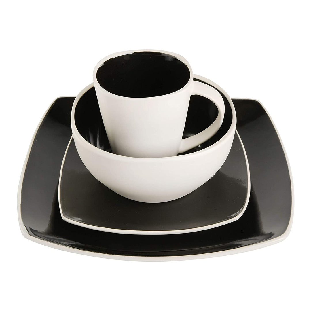 Gibson Soho Lounge Square Glazed Stoneware 16 Piece Dinnerware Set, Black/White