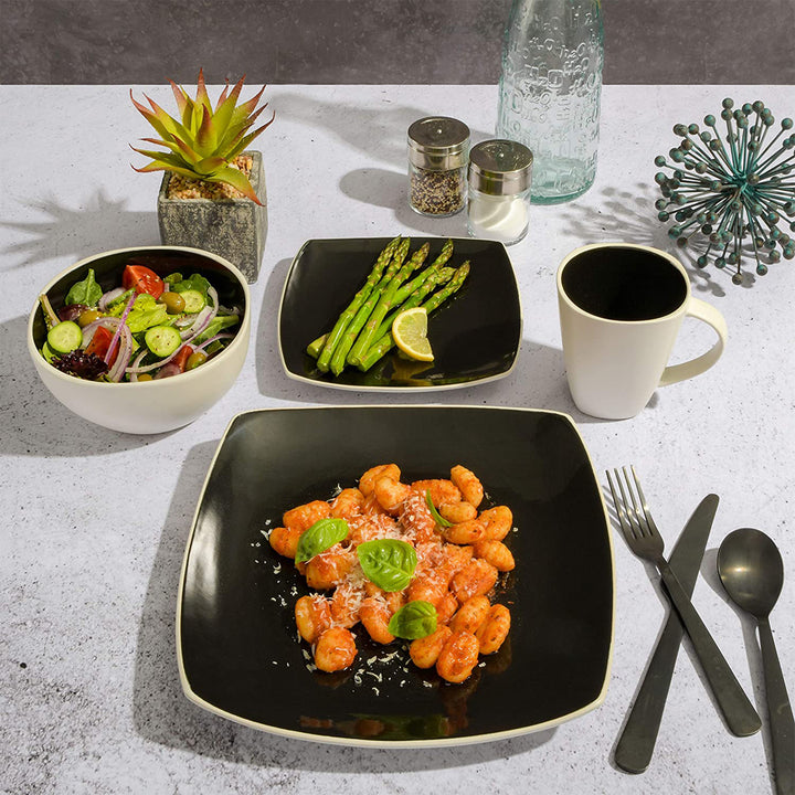 Gibson Soho Lounge Square Glazed Stoneware 16 Piece Dinnerware Set, Black/White