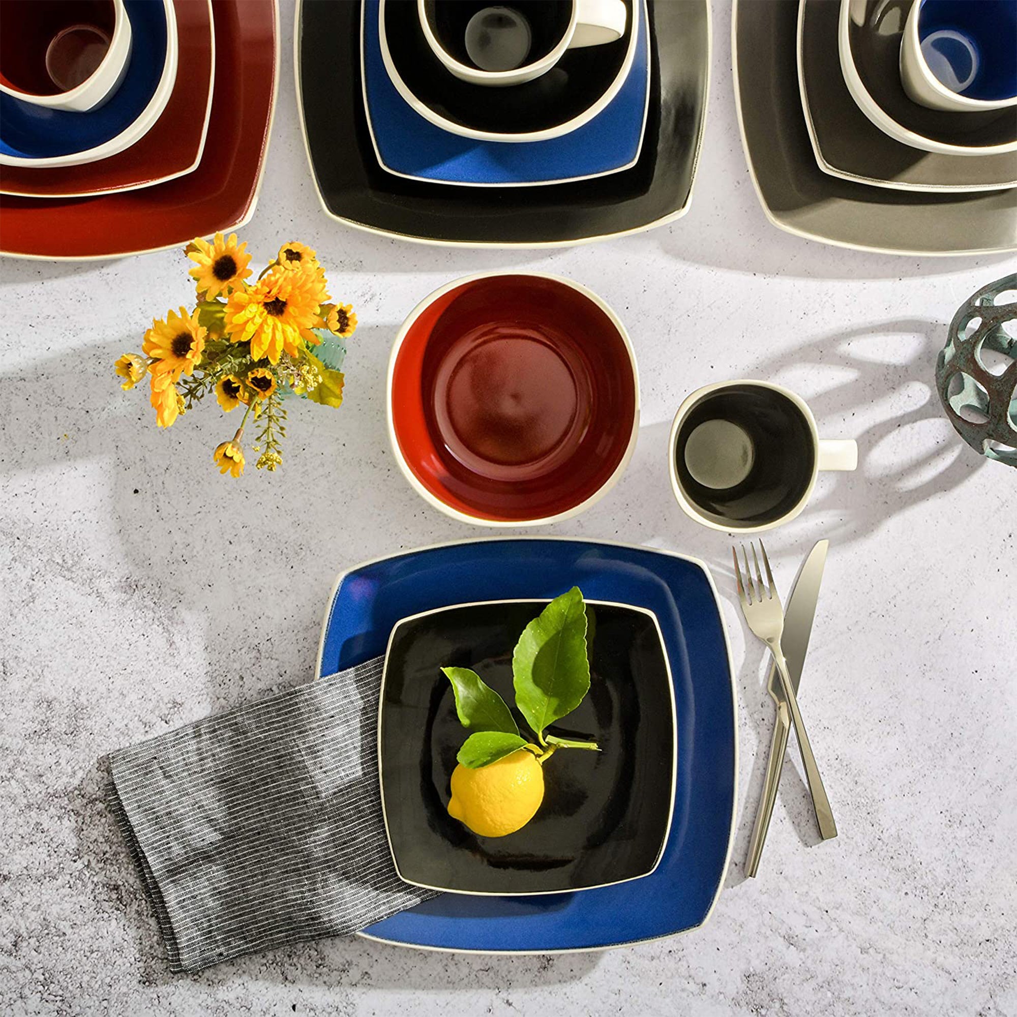 Gibson Soho Lounge Square Glazed Stoneware 16pc Dinnerware Set,Black/White(Used) - VMInnovations
