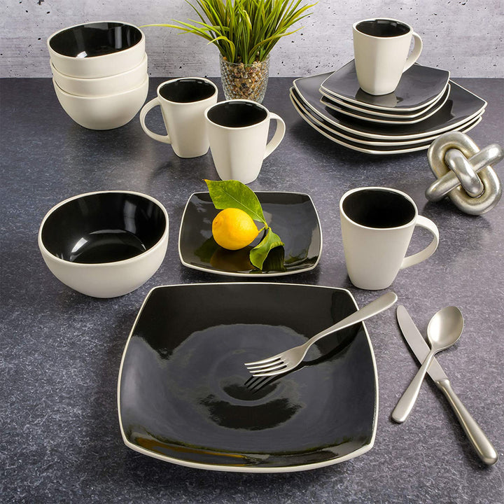 Gibson Soho Lounge Square Glazed Stoneware 16 Piece Dinnerware Set, Black/White