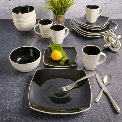 Gibson Soho Lounge Square Glazed Stoneware 16pc Dinnerware Set,Black/White(Used)