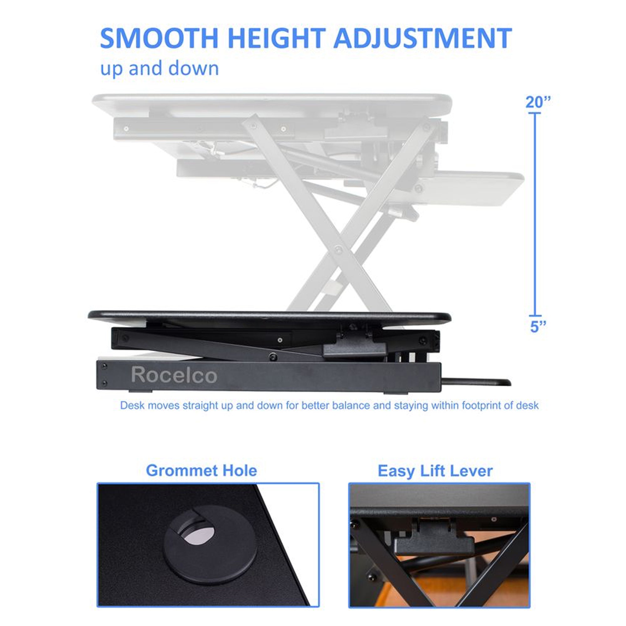 Rocelco 40 In Standing Desk Converter & 30 In Dual Monitor Stand w/ USB Charging - VMInnovations