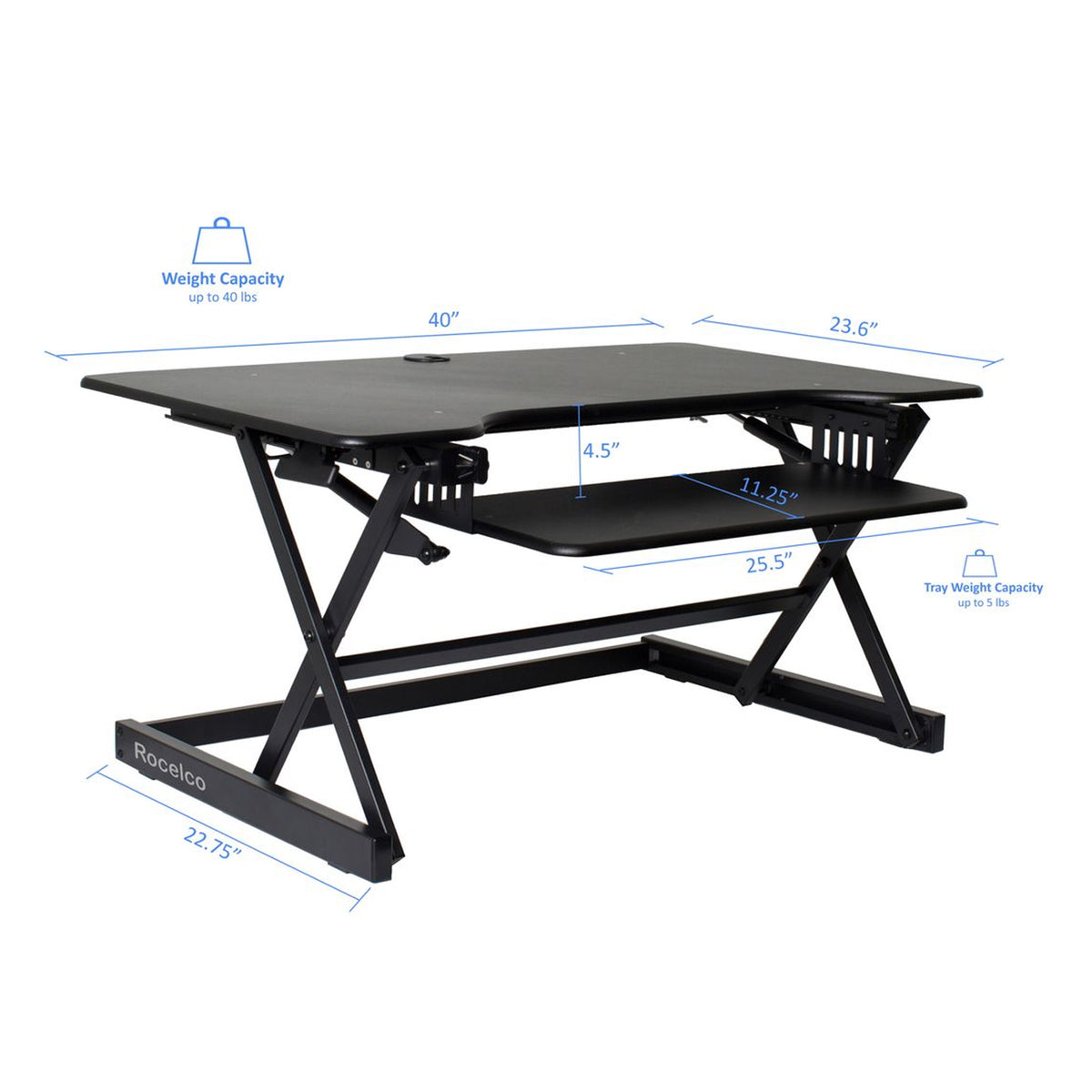 Rocelco 40 In Standing Desk Converter & 30 In Dual Monitor Stand w/ USB Charging