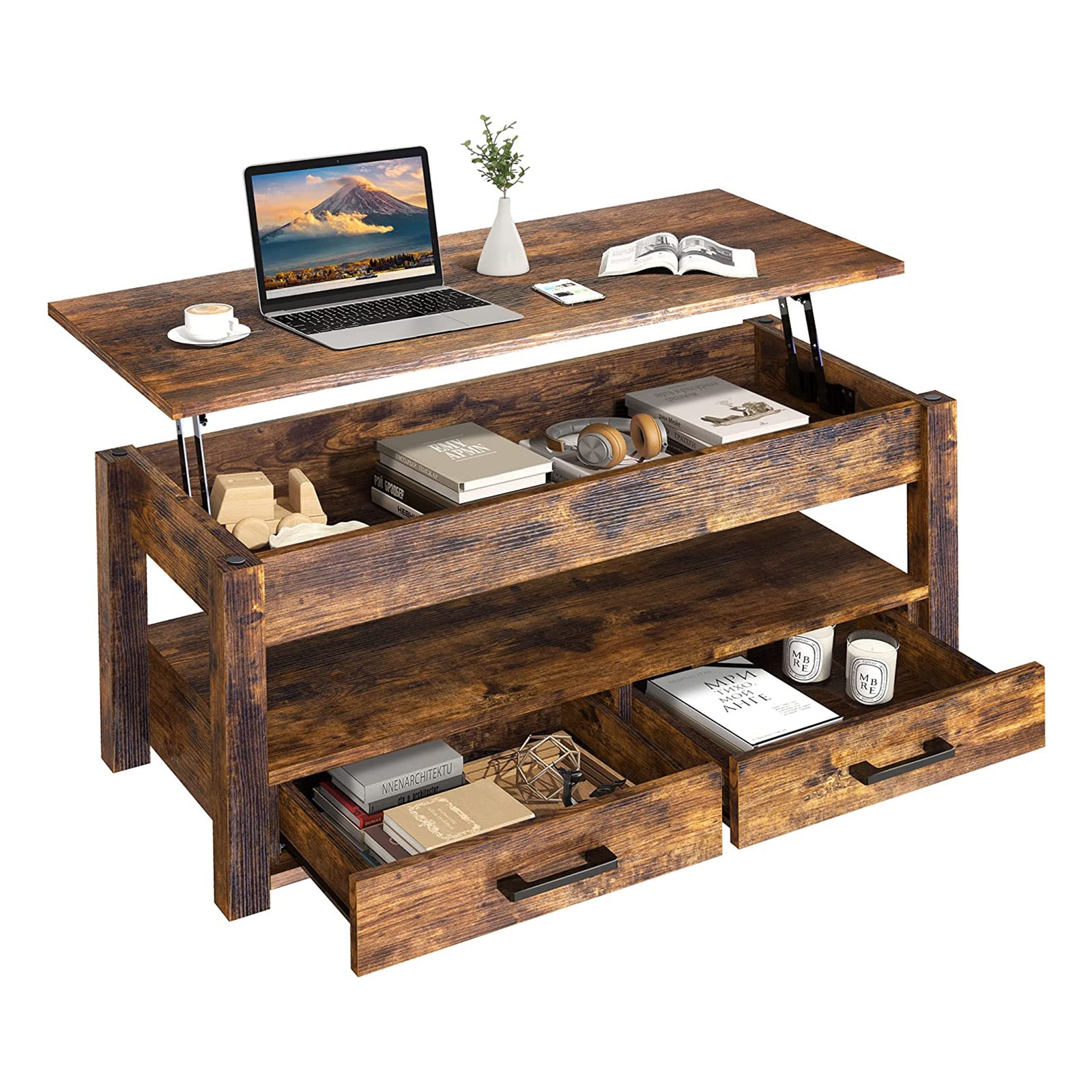 FABATO 23 In Lift Top Rustic Open Storage Coffee Table with 2 Drawers (Open Box) - VMInnovations