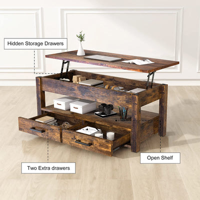 FABATO 23 In Lift Top Rustic Open Storage Coffee Table with 2 Drawers (Open Box) - VMInnovations