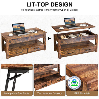FABATO 23 In Lift Top Rustic Open Storage Coffee Table with 2 Drawers (Open Box) - VMInnovations