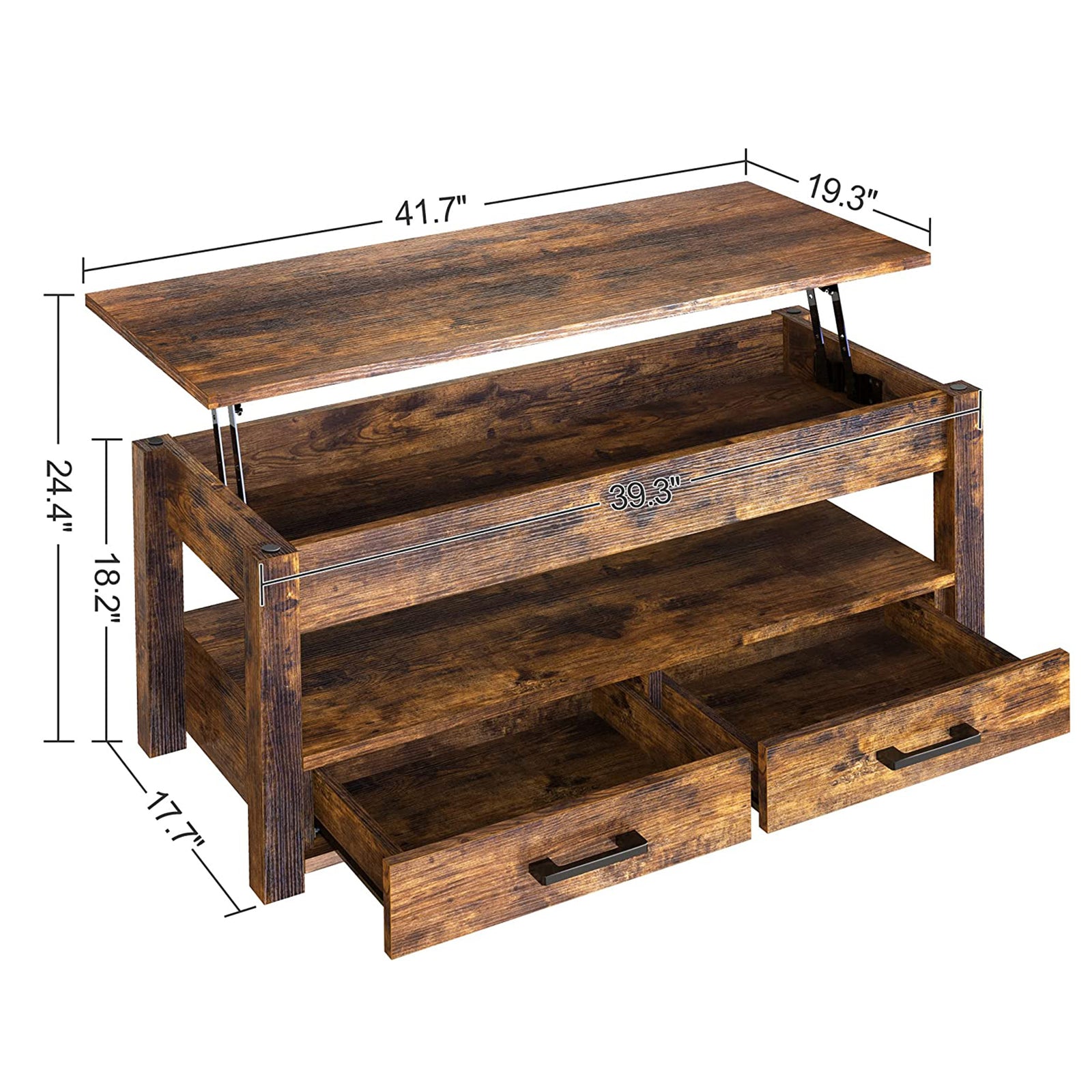FABATO 23 In Lift Top Rustic Open Storage Coffee Table with 2 Drawers (Open Box) - VMInnovations