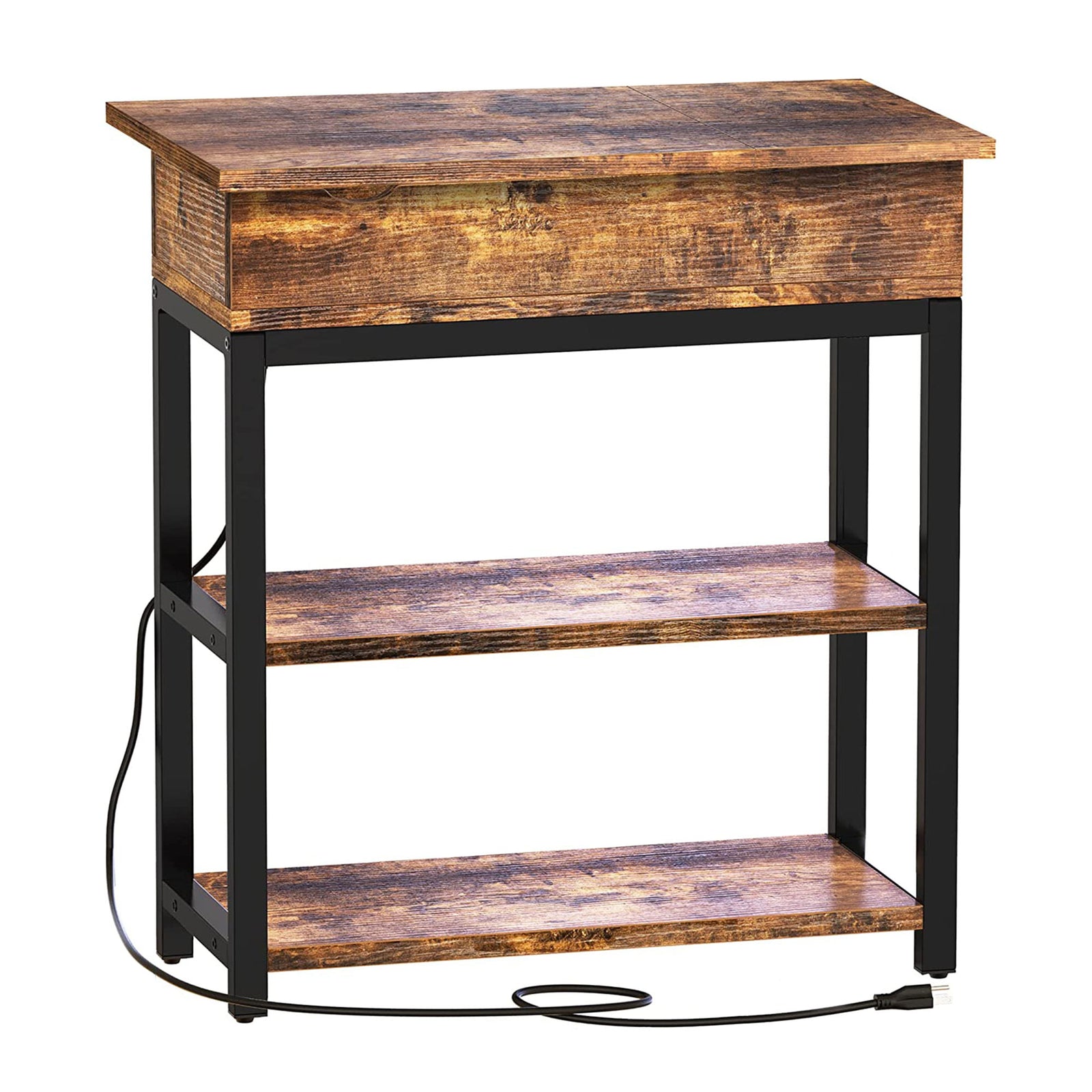 FABATO Side Table with Charging Station and Flip Top Shelving, Rustic Brown - VMInnovations