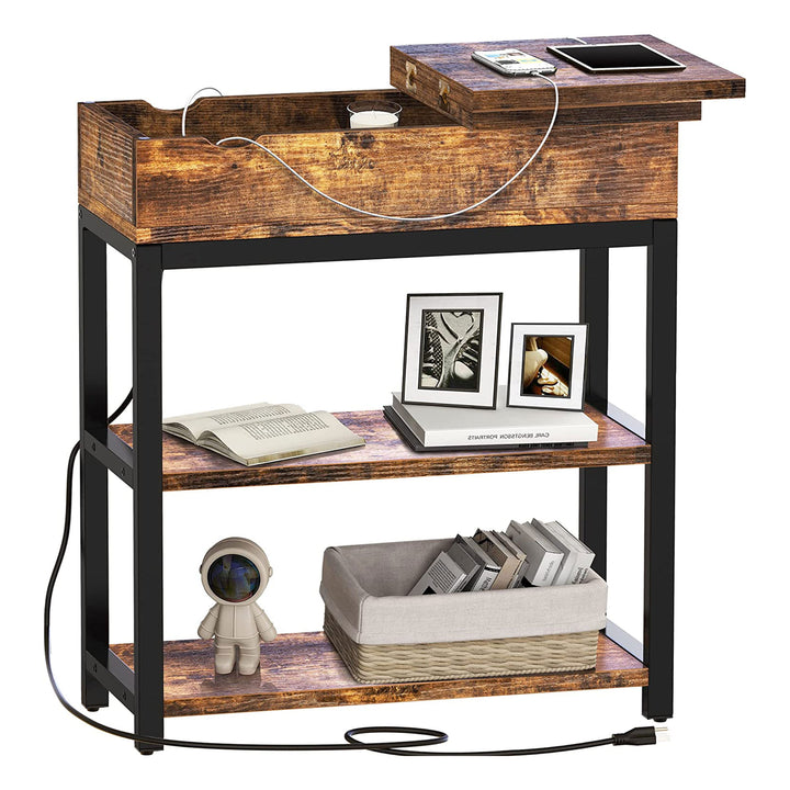 FABATO Side Table with Charging Station and Flip Top Shelving, Rustic Brown