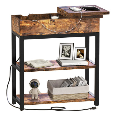 FABATO Side Table with Charging Station and Flip Top Shelving, Rustic Brown