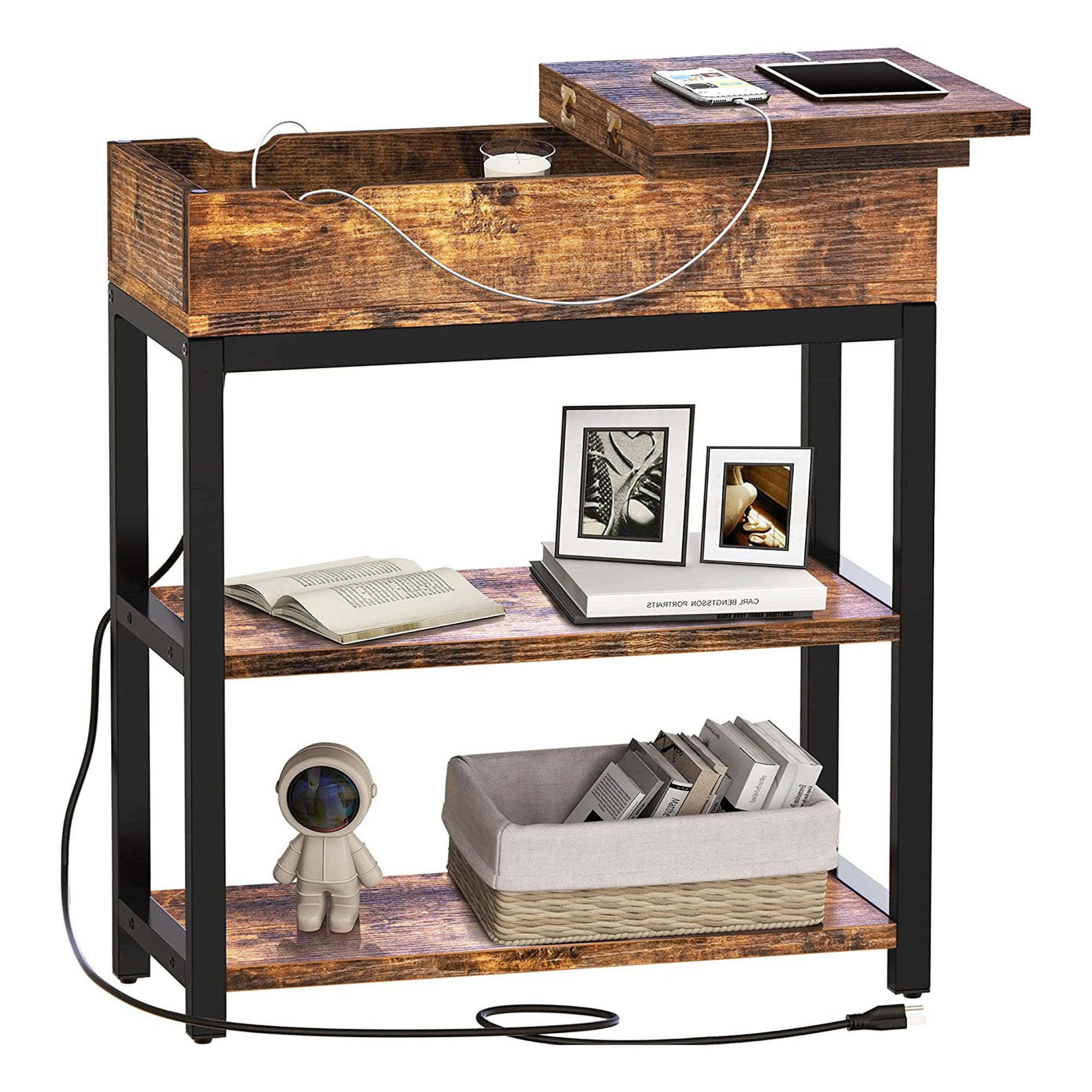 FABATO Side Table with Charging Station & Flip Top Shelving, Rustic Brown (Used) - VMInnovations