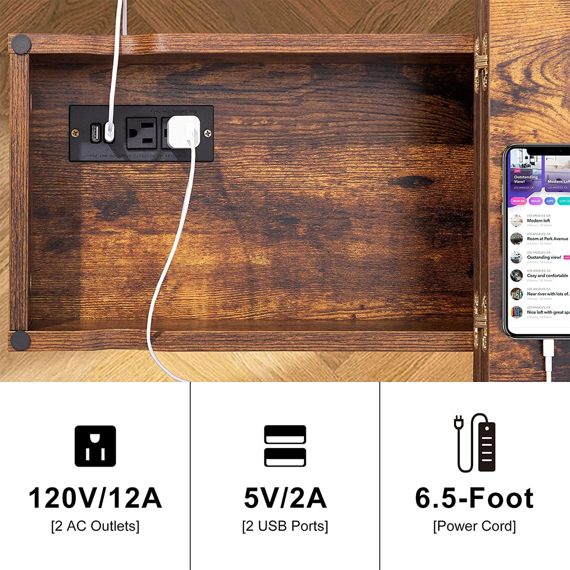 FABATO Side Table with Charging Station & Flip Top Shelving, Rustic Brown (Used) - VMInnovations