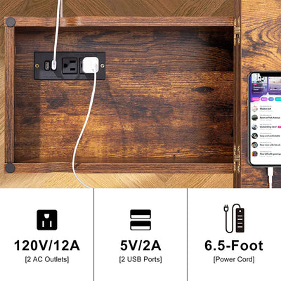 FABATO Side Table with Charging Station & Flip Top Shelving, Rustic Brown (Used) - VMInnovations
