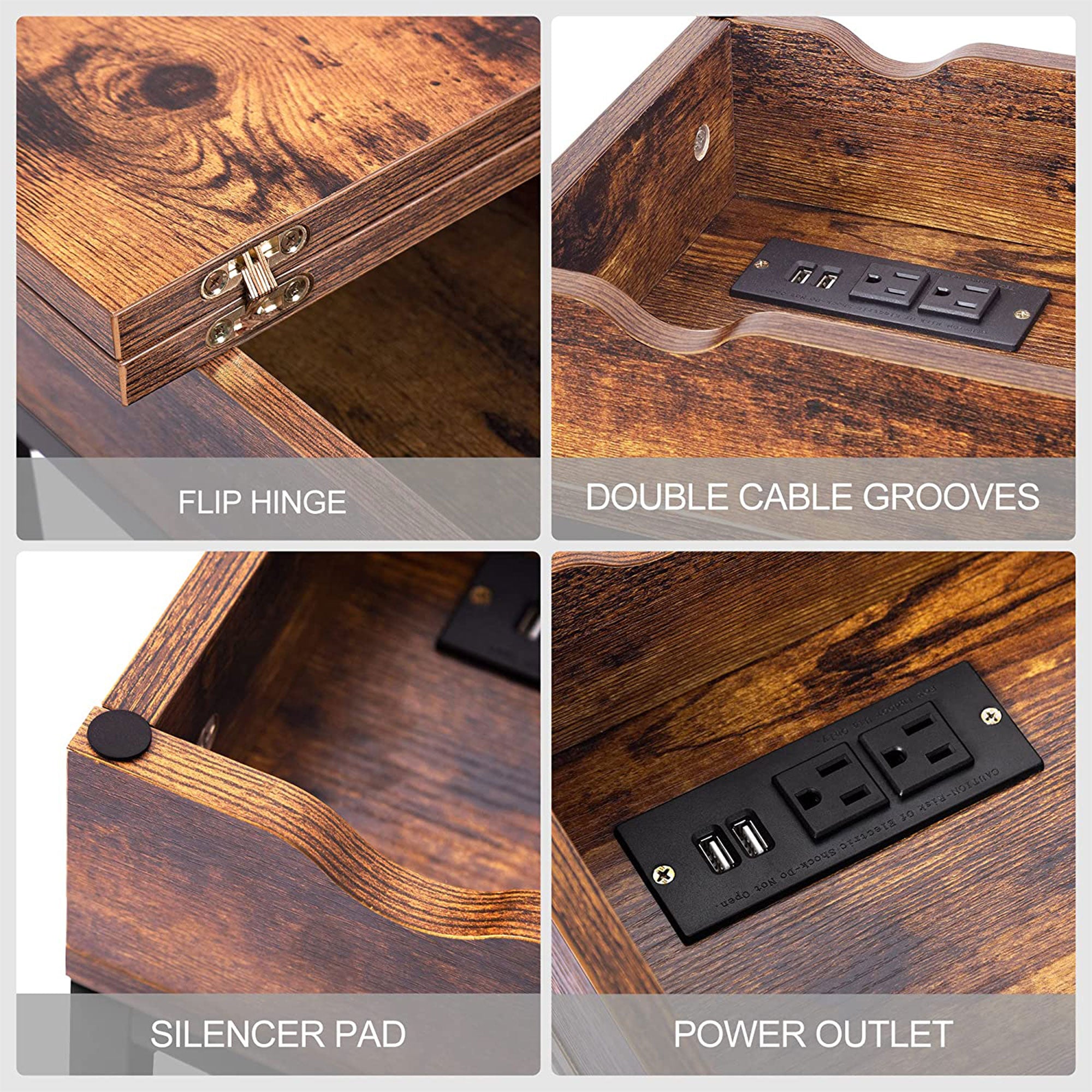 FABATO Side Table with Charging Station & Flip Top Shelving, Rustic Brown (Used) - VMInnovations