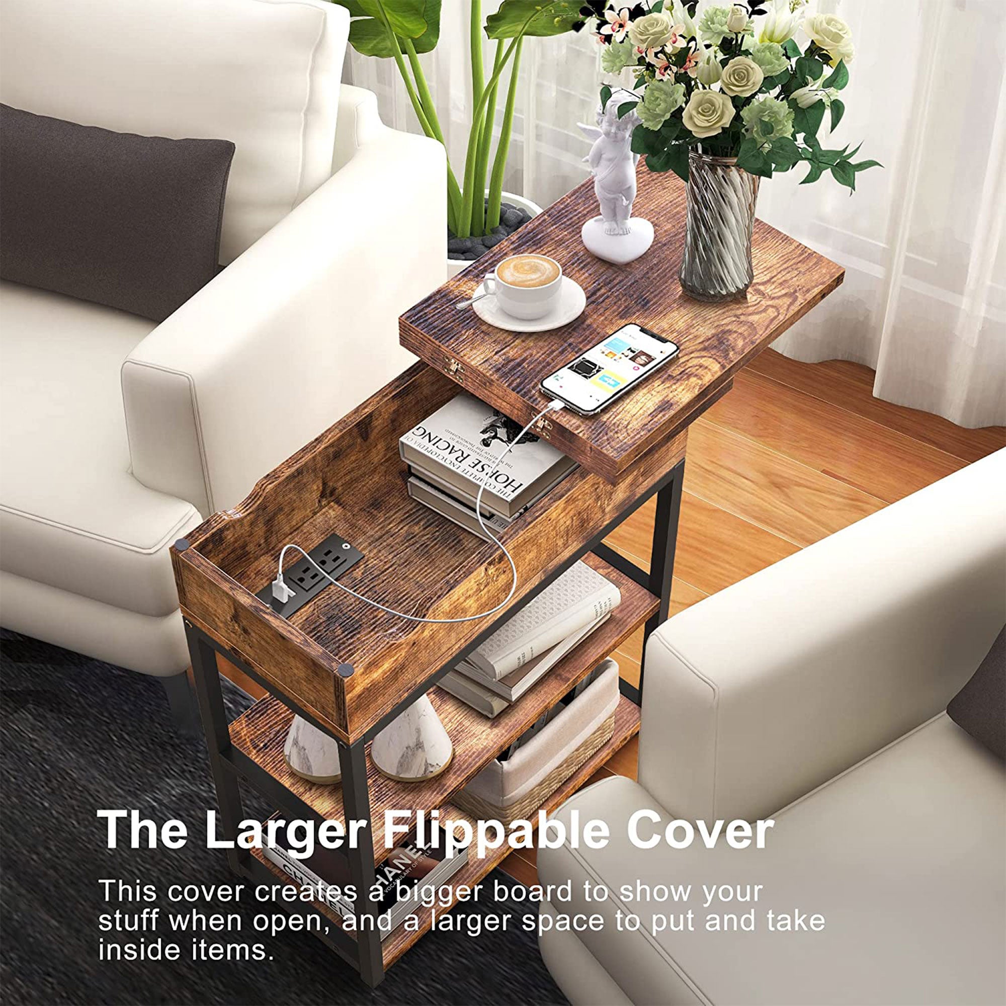 FABATO Side Table with Charging Station & Flip Top Shelving, Rustic Brown (Used) - VMInnovations