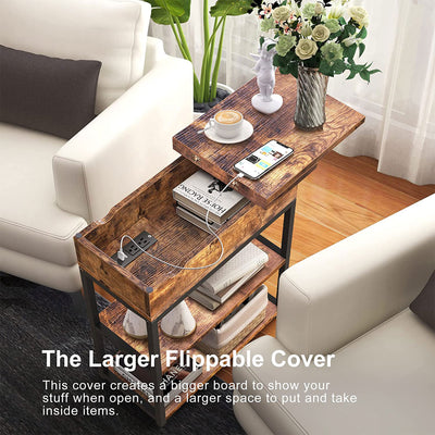 FABATO Side Table with Charging Station & Flip Top Shelving, Rustic Brown (Used) - VMInnovations