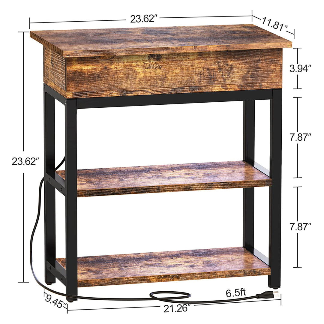 FABATO Side Table with Charging Station & Flip Top Shelving, Rustic Brown (Used)