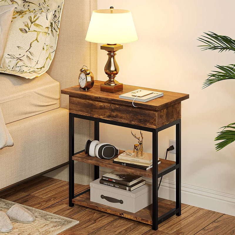 FABATO Side Table with Charging Station & Flip Top Shelving, Rustic Brown (Used)