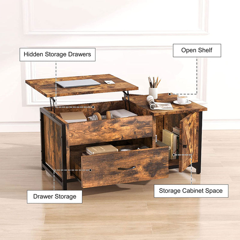 FABATO 41.7" Lift Top Rustic Open Storage Coffee Table with Drawers, Brown(Used)