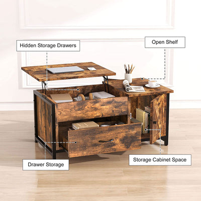 FABATO 41.7" Lift Top Rustic Open Storage Coffee Table with Drawers, Brown(Used) - VMInnovations