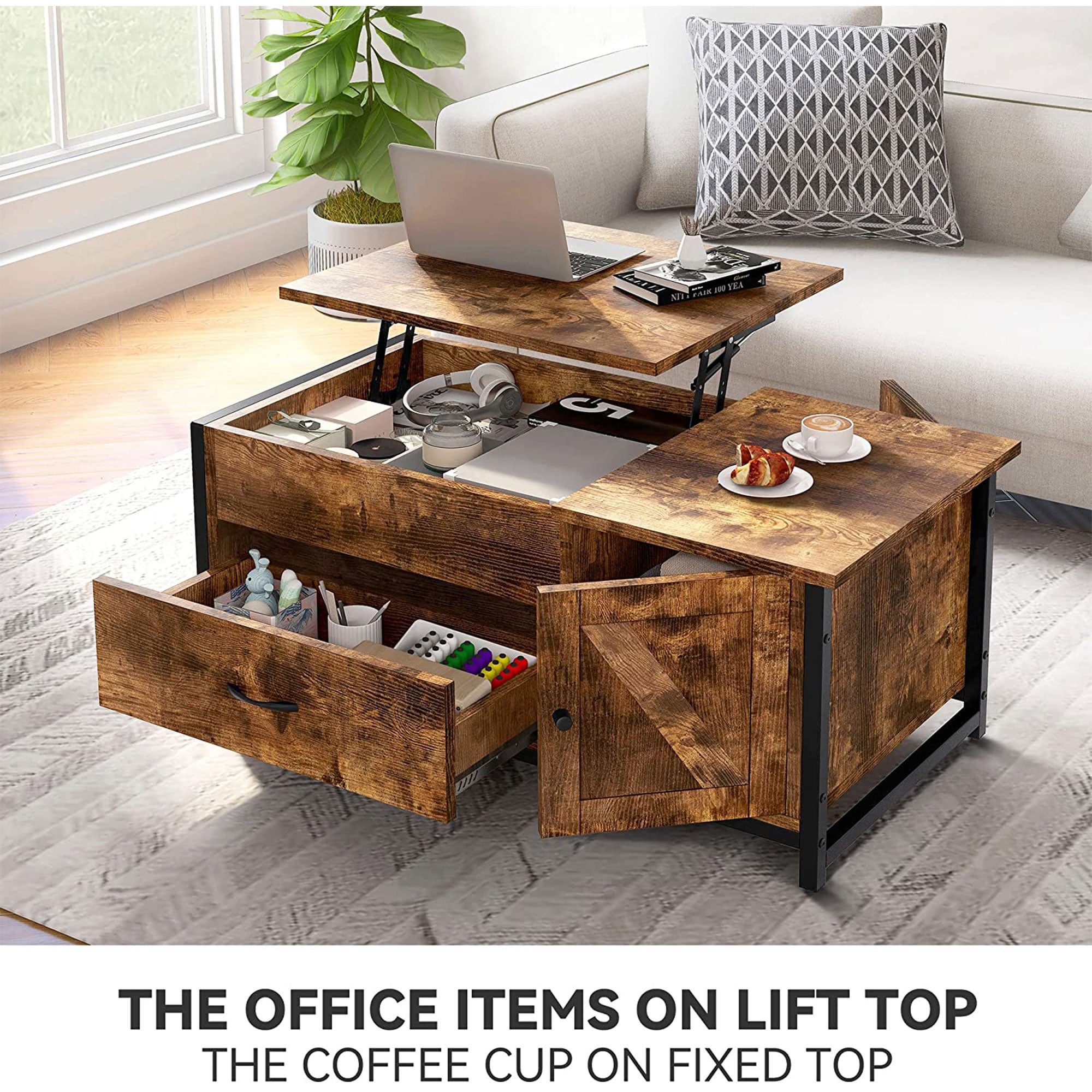 FABATO 41.7 Inch Lift Top Rustic Open Storage Coffee Table with Drawers, Brown - VMInnovations