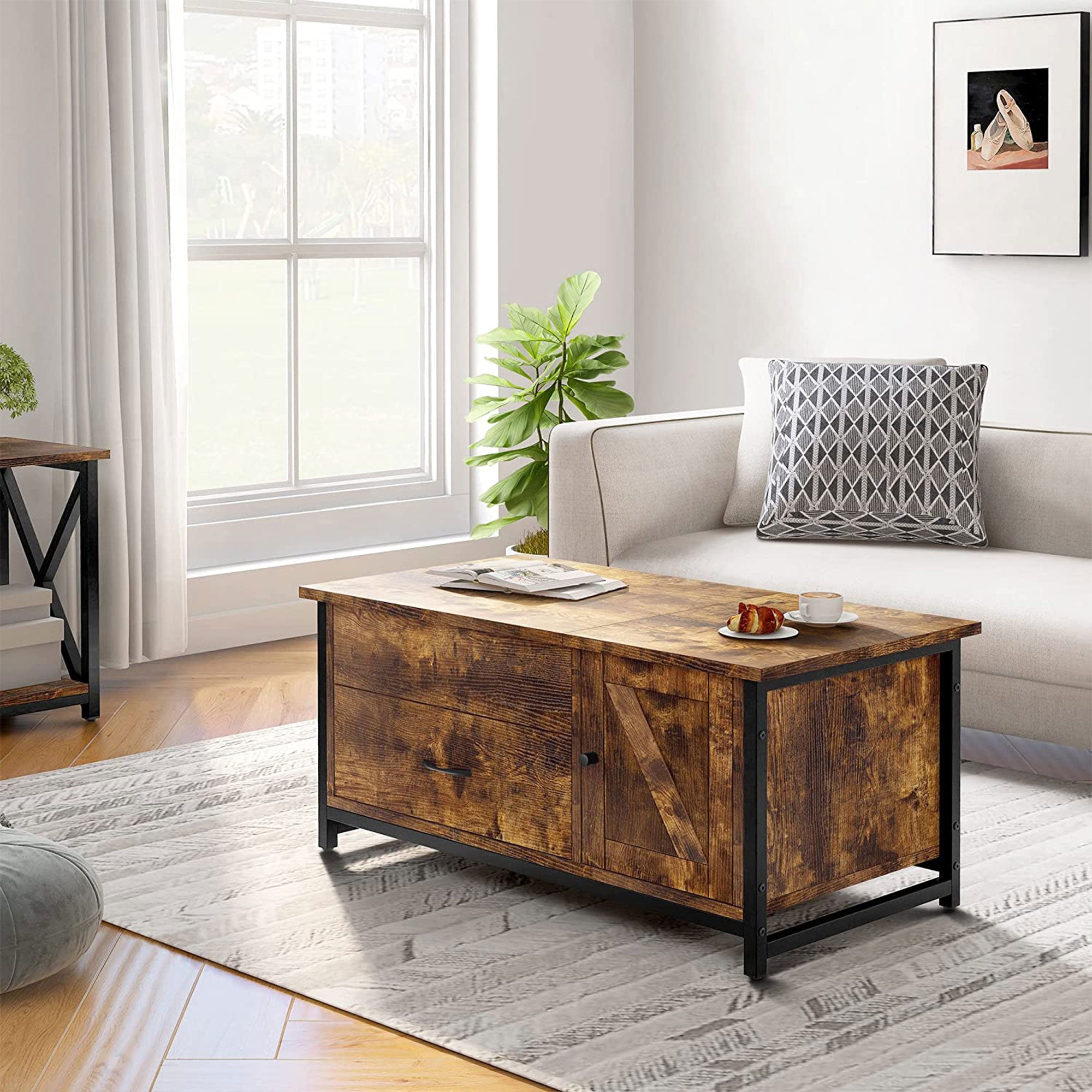 FABATO 41.7 Inch Lift Top Rustic Open Storage Coffee Table with Drawers, Brown - VMInnovations