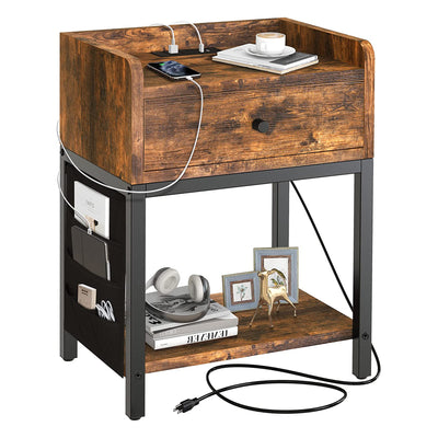 FABATO End Table and Nightstand with Charging Station and Drawer, Rustic Brown