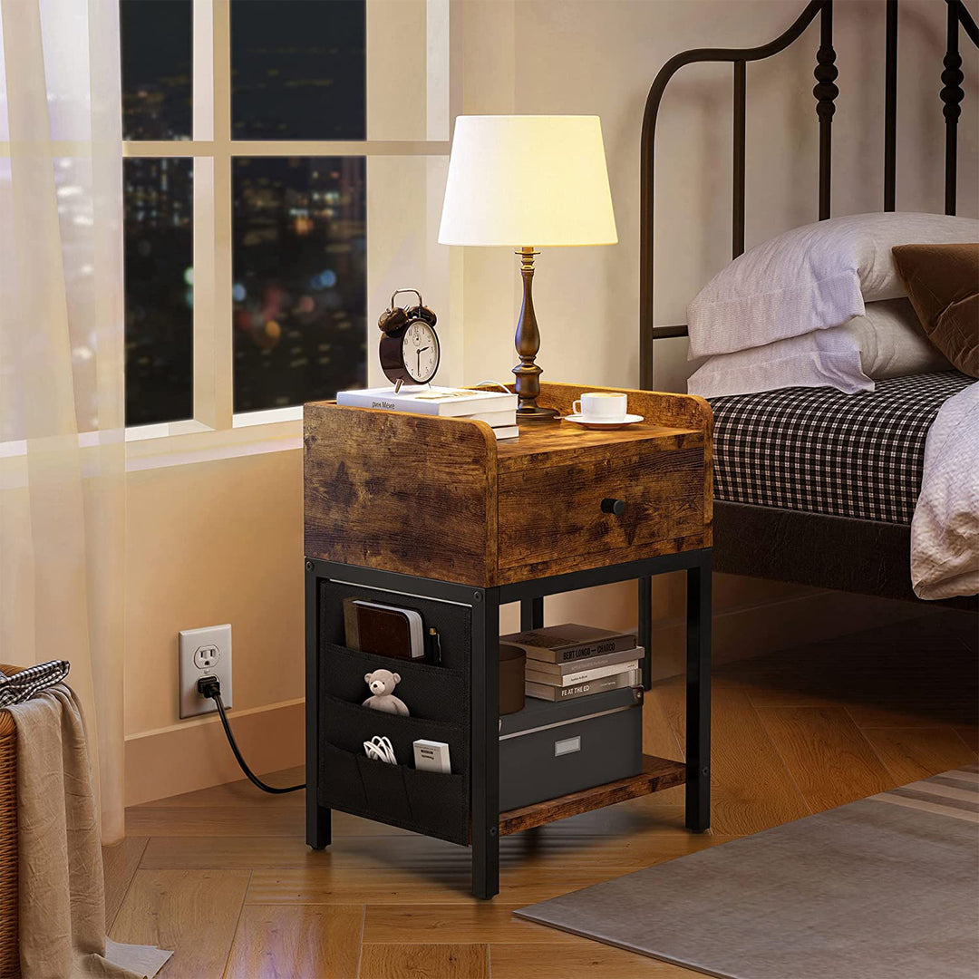 FABATO End Table and Nightstand with Charging Station and Drawer, Rustic Brown