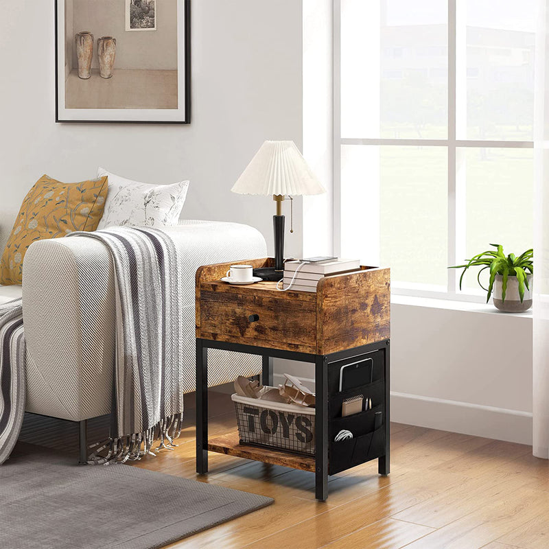 FABATO End Table and Nightstand with Charging Station and Drawer, Rustic Brown