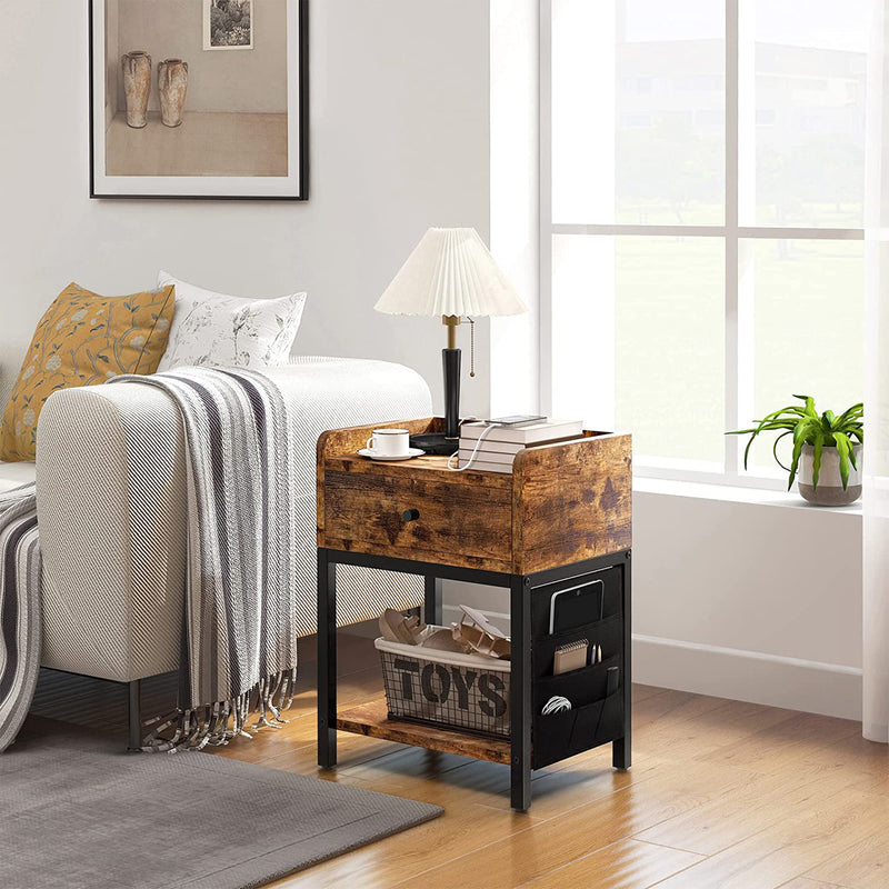 FABATO End Table and Nightstand with Charging Station, Rustic Brown (Used)