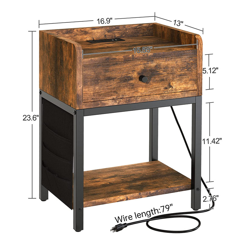 FABATO End Table and Nightstand with Charging Station, Rustic Brown (Used)