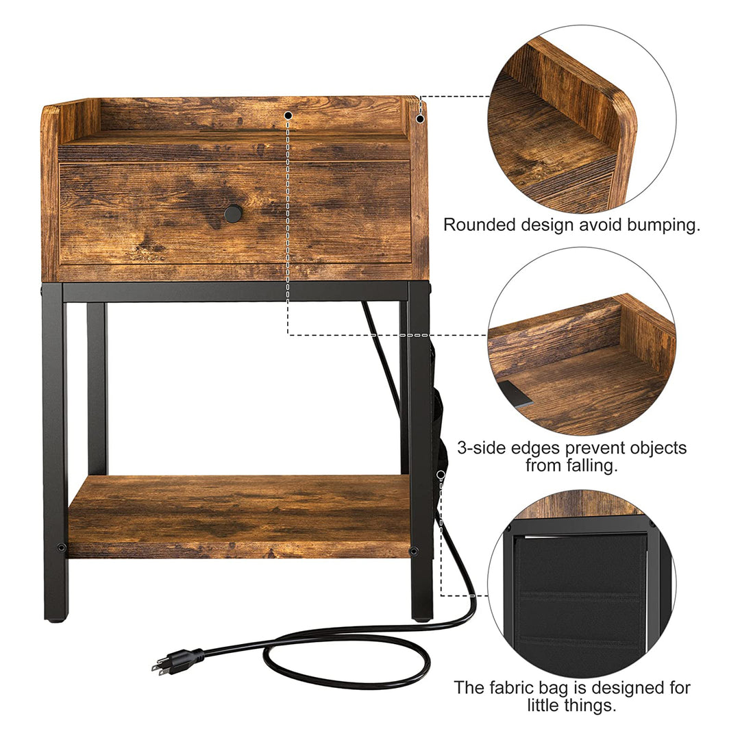 FABATO End Table and Nightstand with Charging Station and Drawer, Rustic Brown