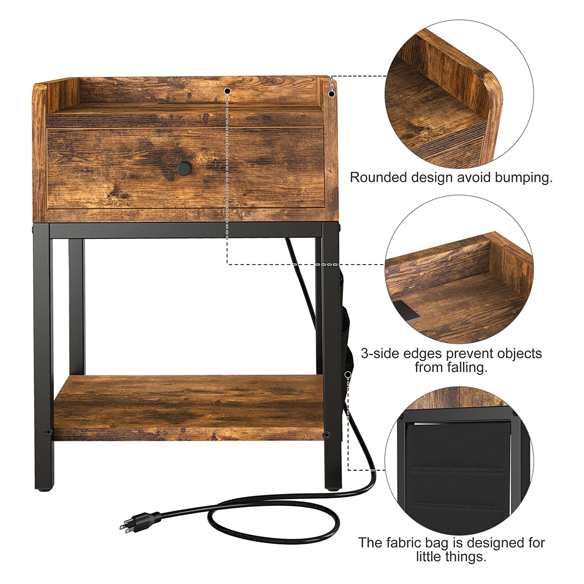 FABATO End Table and Nightstand with Charging Station, Rustic Brown (Used) - VMInnovations