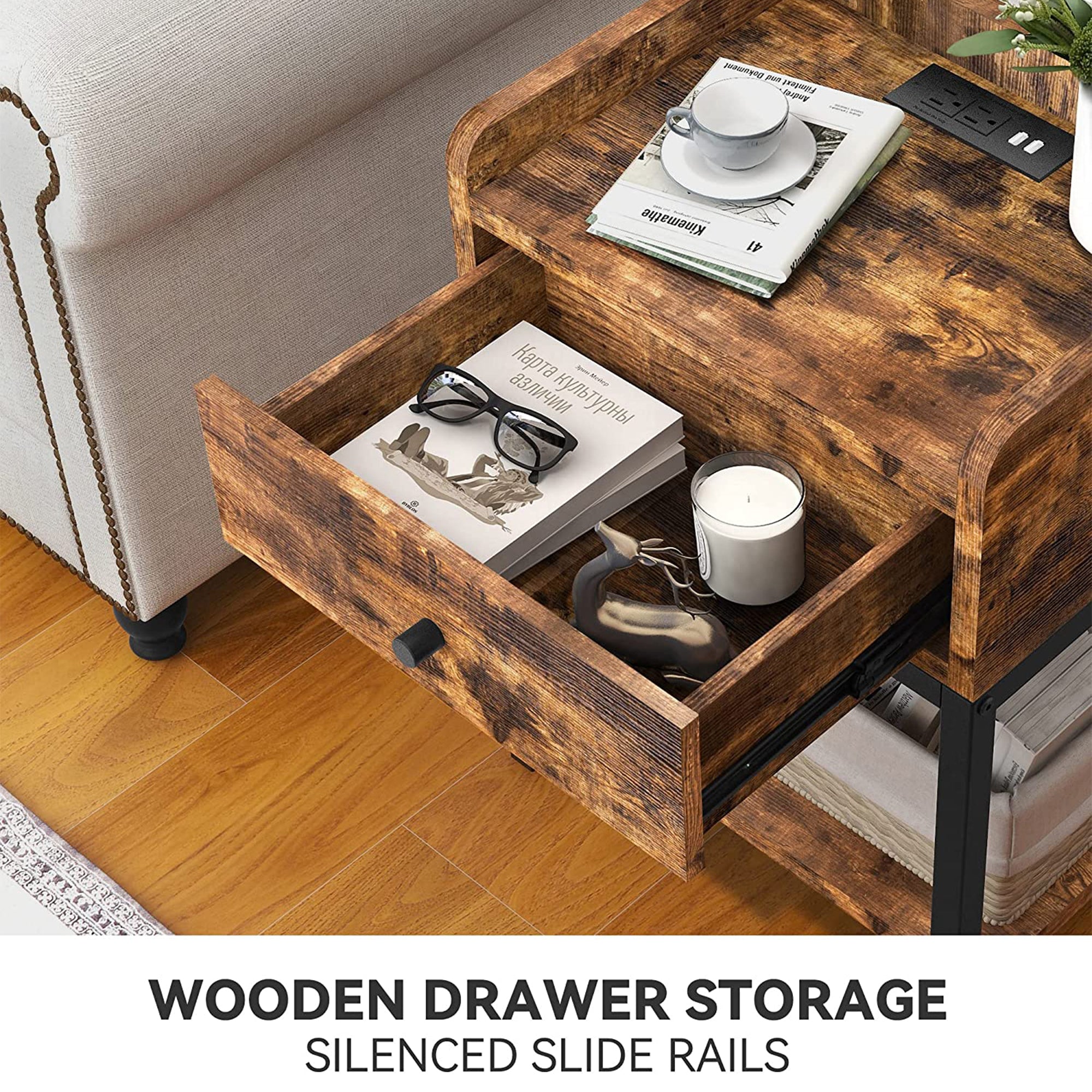 FABATO End Table and Nightstand with Charging Station, Rustic Brown (Used) - VMInnovations