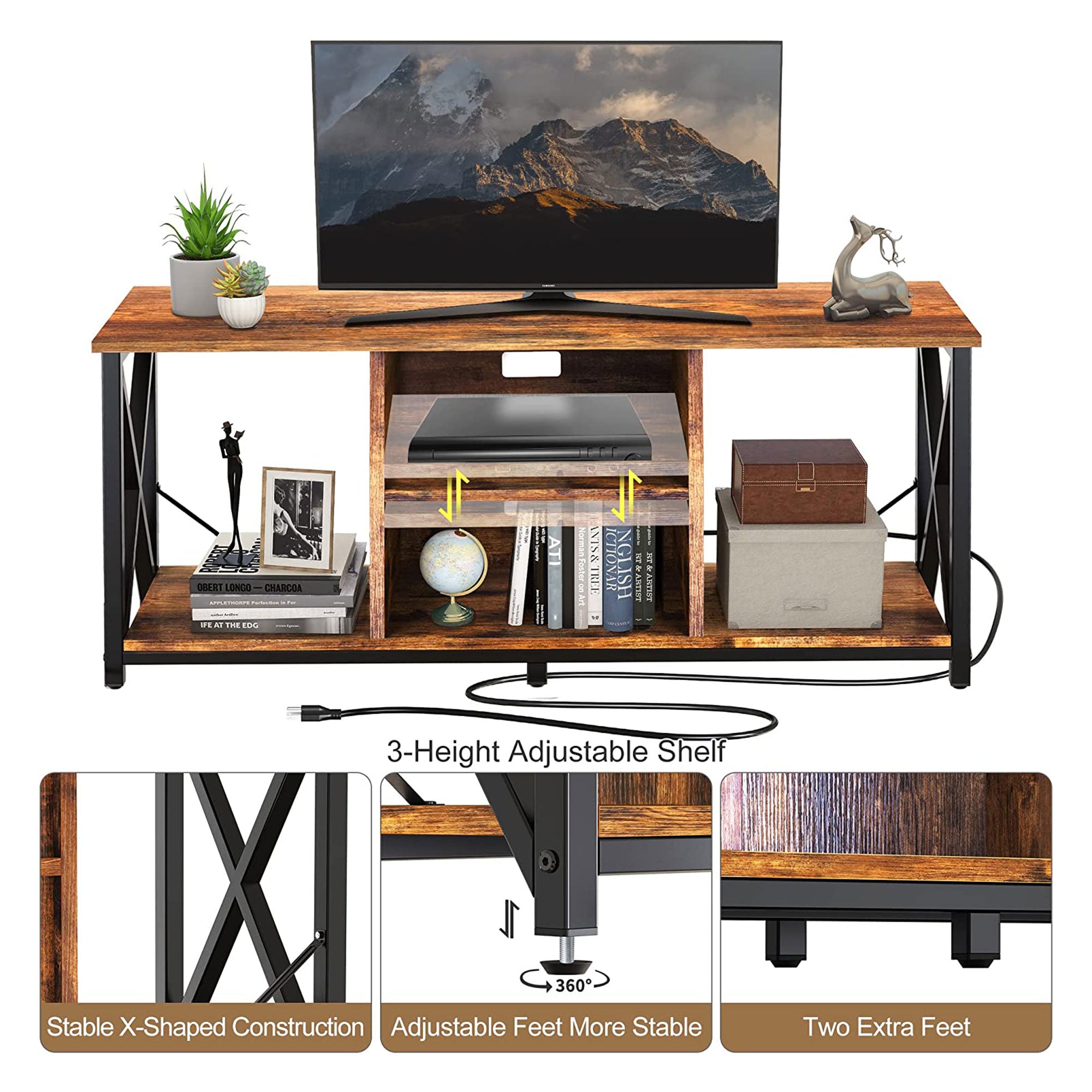 65 Inch TV Stand & Entertainment Center w/ 4 Socket Plug-In Station (Open Box) - VMInnovations