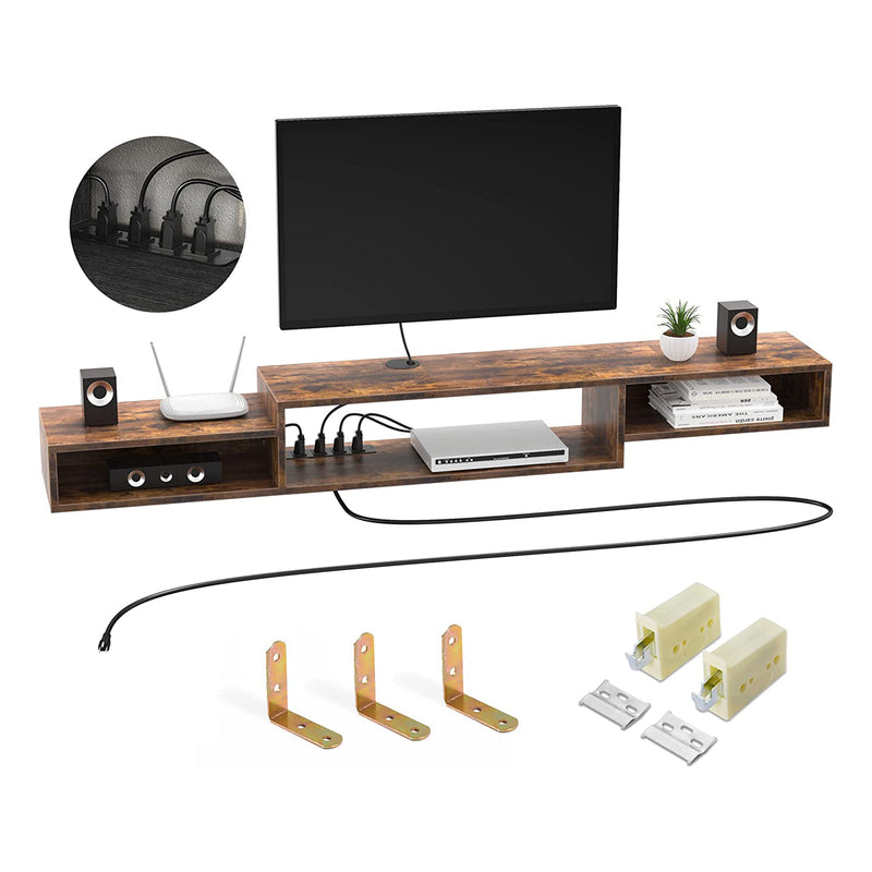 Fabato 70 In Wall Mounted Floating Media Console w/ Built In Power Strip, Rustic