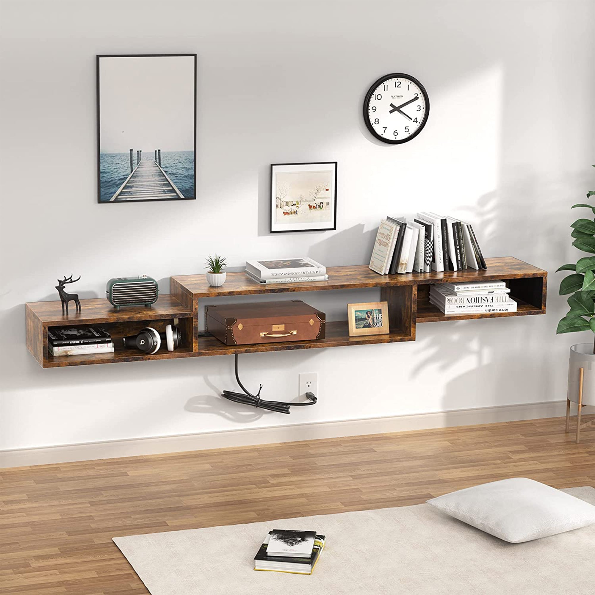 Fabato 70 In Wall Mounted Floating Media Console w/ Built In Power Strip, Rustic