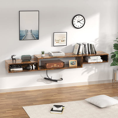 Fabato 70 In Wall Mounted Floating Media Console w/ Built In Power Strip, Rustic
