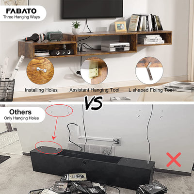Fabato 70 In Wall Mounted Floating Media Console w/ Built In Power Strip, Rustic