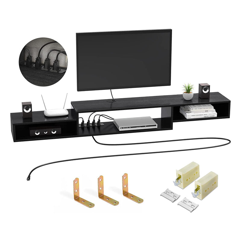 Fabato 59 In Wall Mounted Floating Media Console w/ Built In Power Strip, Black