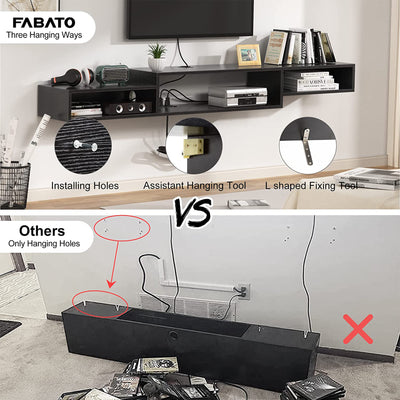 Fabato 59 In Wall Mounted Floating Media Console w/ Built In Power Strip, Black