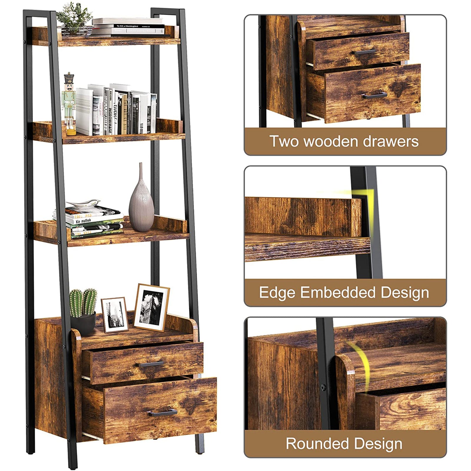 Display Bookcase with Ladder Shelves and Metal Frame, Rustic Brown (Open Box) - VMInnovations
