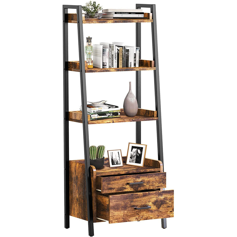 Display Bookcase with Ladder Shelves and Metal Frame, Rustic Brown (Open Box)