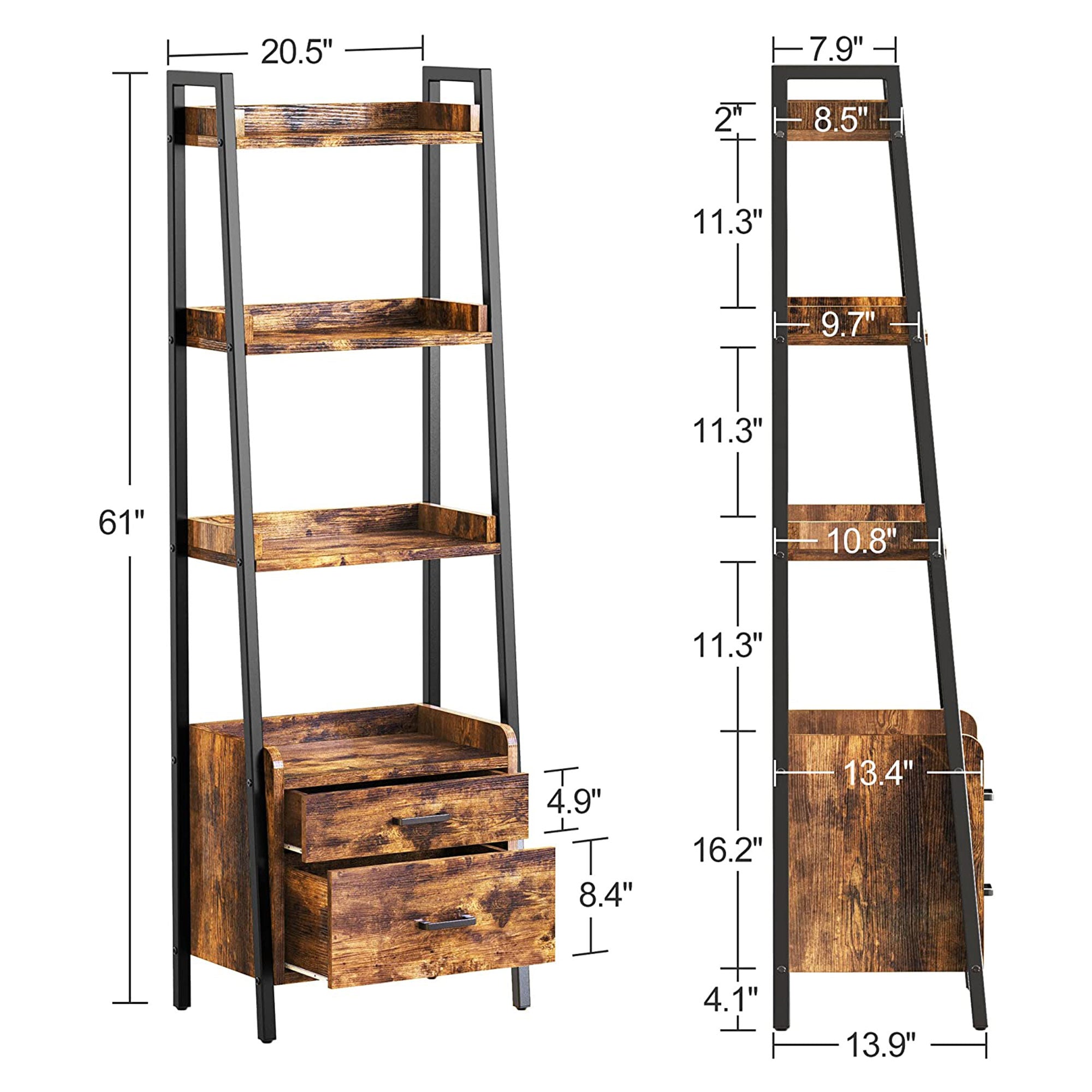 Fabato 4 Tier Display Bookcase with Ladder Shelves and Metal Frame, Rustic Brown - VMInnovations