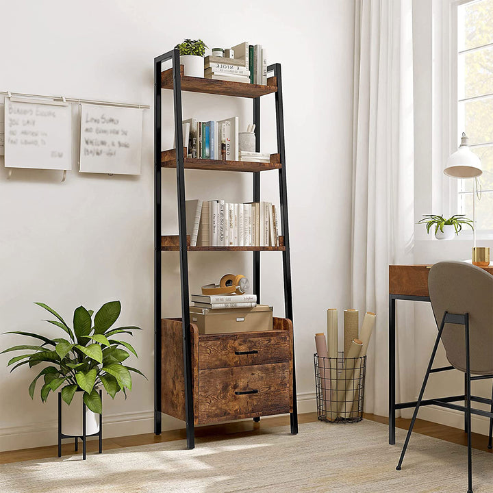 Display Bookcase with Ladder Shelves and Metal Frame, Rustic Brown (Open Box)