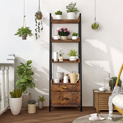 Display Bookcase with Ladder Shelves and Metal Frame, Rustic Brown (Open Box)