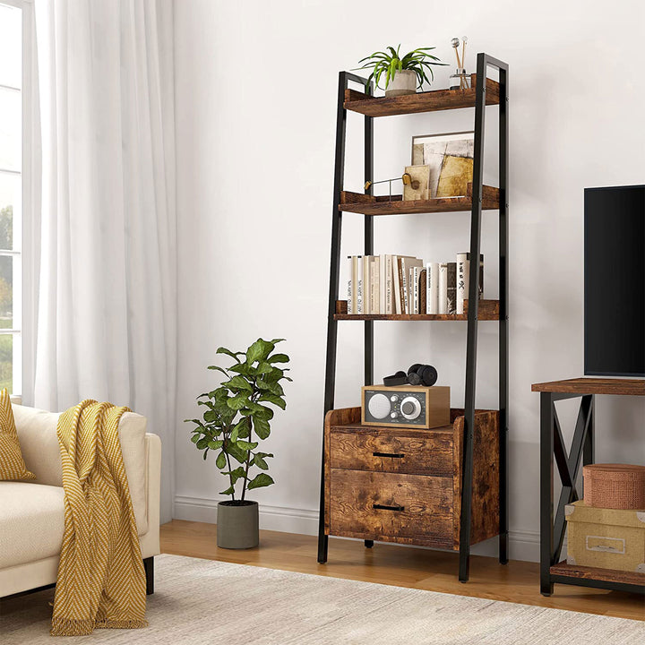 Fabato 4 Tier Display Bookcase with Ladder Shelves and Metal Frame, Rustic Brown - VMInnovations