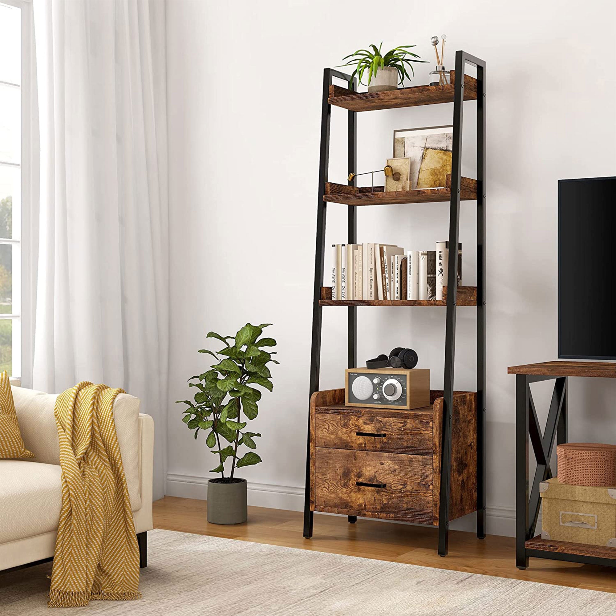 Fabato 4 Tier Display Bookcase with Ladder Shelves and Metal Frame, Rustic Brown - VMInnovations
