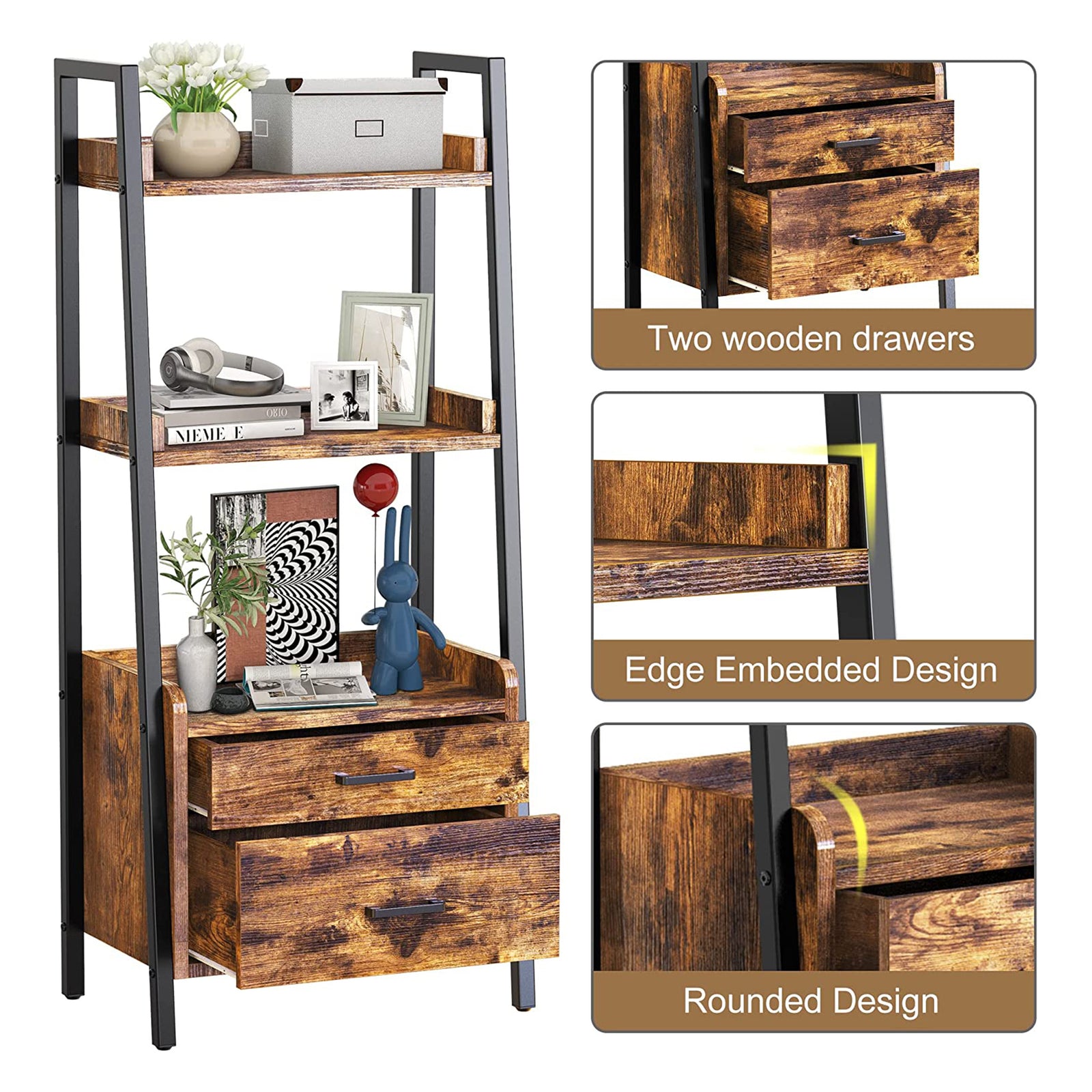 Fabato 3 Tier Display Bookcase with Ladder Shelves and Metal Frame (Open Box) - VMInnovations