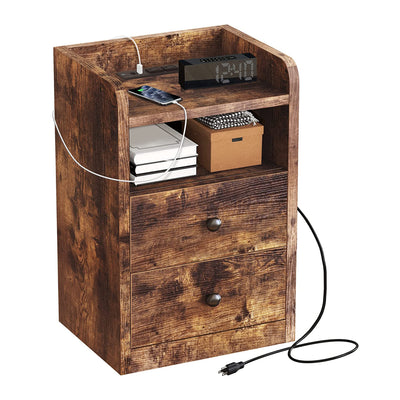 FABATO Side Table and Nightstand with Charging Station w/2 Drawers, Rustic Brown